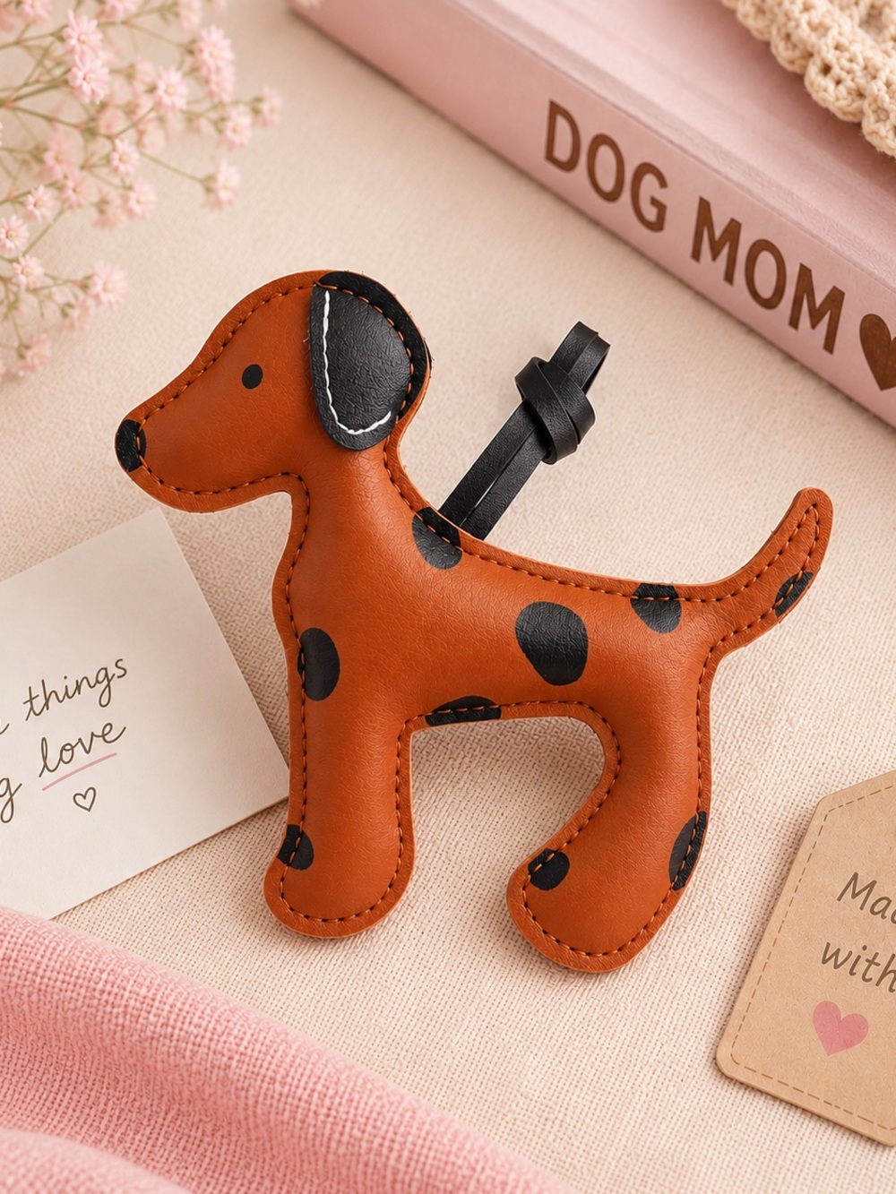 Brown Dog-Shaped Leather Key & Bag Charm with Black Spots